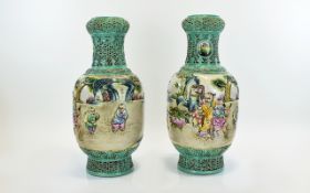 Pair Of 20thC Oriental Moulded Vases, Crackle Glazed Bodies, Both Depicting Figures,
