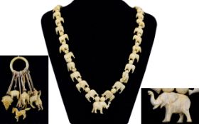 Antique - Long and Impressive Carved Ivory Elephant Necklace In The Form of Graduated Elephant