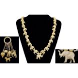 Antique - Long and Impressive Carved Ivory Elephant Necklace In The Form of Graduated Elephant