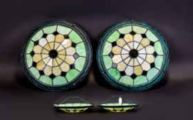 A Pair Of Tiffany Style Ceiling Lights with green and amber stained glass effect decoration 13.