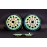 A Pair Of Tiffany Style Ceiling Lights with green and amber stained glass effect decoration 13.