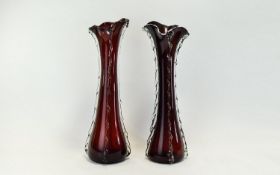 Murano - Pair of Hand Blown Tall Ruby Red Coloured Vases with Applied Clear Glass and Elongated Tear