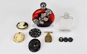 A Small Collection Of Vintage Cameo Brooches And Decorative Perfume Bottles Eight items in total to