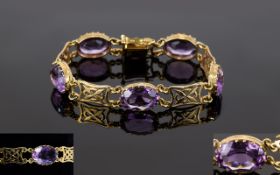 Antique Period Fancy Link / Ornate 9ct Gold Bracelet Set with ( 5 ) Large Amethysts of Excellent