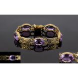 Antique Period Fancy Link / Ornate 9ct Gold Bracelet Set with ( 5 ) Large Amethysts of Excellent