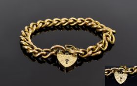 Antique 9ct Rose Gold Coloured Curb Bracelet with Attached 9ct Gold Fancy Heart Shaped Padlock and