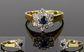18ct Gold Diamond and Sapphire Cluster Ring, Flowerhead Setting, The Central Sapphire Surrounded