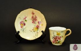 Royal Worcester Blush Ivory Cup and Saucer. Both Decorated with Painted Images of Spring Flowers (