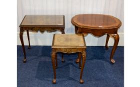 Three Occasional Tables To include two matching walnut tables with glass top,