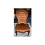 Victorian Walnut Spoon Back Ladies Chair, carved back rest and short cabriole legs on ceramic