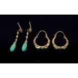Antique Period - Pair of 9ct Gold and Turquoise Set Earrings ( with Diamond Inset ) Marked 9ct