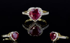 Ruby Solitaire and Natural White Zircon Heart Shape Ring, a 5ct heart cut ruby, of rich red colour,