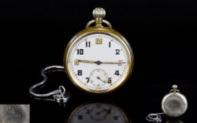 British - World War II Military Chrome Cased Keyless Open Faced Pocket Watch with Screw Back.
