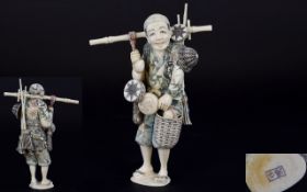 Japanese - Superb Quality Signed and Painted Late Meiji Period - Okimono Carved Ivory Figure of a