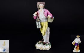 Anspach - German Finely Painted 19th Century Hand Painted Porcelain Figure - Chelsea Gold Anchor to