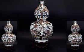 Chinese - Large and Impressive Antique Style Dragon and Phoenix Hand Painted Double Gourd