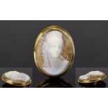 14ct Gold Mounted Oval Shaped Shell Cameo of Fine Quality. Features a Portrait Bust of a Young