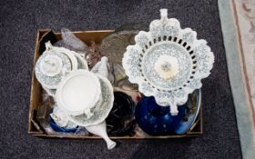 Box of Assorted Miscellaneous Items including glassware, cake stand, blue vase,