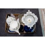 Box of Assorted Miscellaneous Items including glassware, cake stand, blue vase,