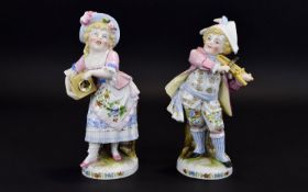 Conta and Boehme Pair of Child Musician Matchbox Holder Figures, both boy and girl dressed in a