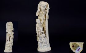 Japanese - Signed Meiji Period Tokyo School Finely Carved Ivory Okimono Figure Group - Fisherman