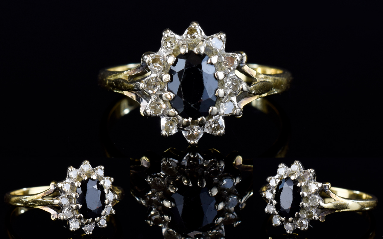 9ct Gold Set Diamond and Sapphire Cluster Ring. Flowerhead Setting.