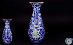 Chinese 19th Century Vase of Tapered Form with Painted Enamel Decoration on Blue Ground.
