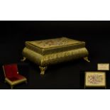 A Vintage Swiss Musical Jewellery Box Small brass tone footed jewellery box with tapestry design