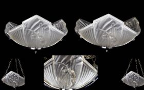 Art Deco Period Fine and Impressive Pair of Chrome Mounted Moulded Glass Pendants ( Chandelier )