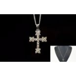 18ct White Gold Diamond Set Pendant Cross, Set With 23 Round Modern Brilliant Cut Diamonds, Fully