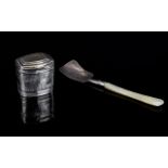Etched Foreign Silver Snuff or Pill Box plus sterling silver, mother of pearl handled small scoop (