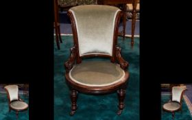 Victorian Period - Good Shape Small Oak and Upholstered Nursing Chair with Castors & With Circular