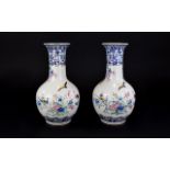 Pair Of Italian Porcelain Vases, Decorated With Floral And Exotic Birds.