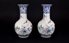 Pair Of Italian Porcelain Vases, Decorated With Floral And Exotic Birds.