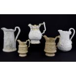 Five Various Moulded Jugs With Exotic Scenes comprising an Alcock white jug showing a camel and