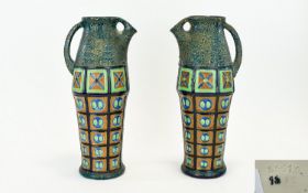 Amphora Pottery Bohemia Pair of Tall Vases / Jugs with Painted Enamel Decoration. c.1910.