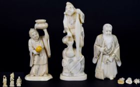 Japanese - Meiji Period Collection of Small Signed and Carved Ivory Figures of Excellent Quality (