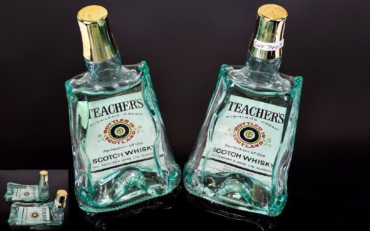Pair Of Teachers Squashed Whisky Bottles Dish/Ashtrays