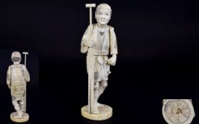 Japanese - Signed Early 20th Century Well Carved Okimono Ivory Figure of a ' Fisherman ' on a