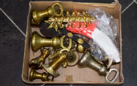 Good Collection of Brass to include weights, brass dogs, coat hook together with an oriental knife.