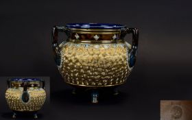 Doulton Lambeth Gilt Circle Ware Decorated Three Handle Camp Kettle. c.1920. 5 Inches High,