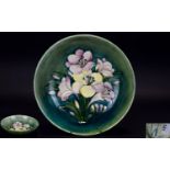 William Moorcroft Signed Large Footed Bowl ' Freesia ' Design on Green Ground. Signed In Green to