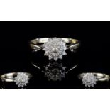 Ladies 9ct Gold Diamond Set Cluster Ring. Flowerhead Setting. Fully Hallmarked. Ring Size - N.