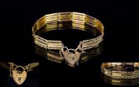 Antique Nice Quality and Ornate 9ct Gold Bracelet with a 9ct Ornate Heart Shaped Padlock and Safety