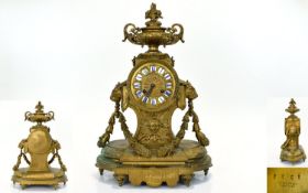 Tiffany & Co New York Antique Late 19th Century Twin Lion Mask Handle Gilt Metal Mantel Clock with 8
