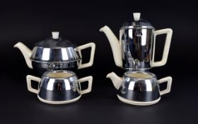 Vintage Art Deco Ceramic Everhot Four Piece Insulated Chrome Tea Service comprising, water jug,