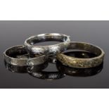 Three Various Silver Hinged Bangles, each with etched designs to front; two similar but different