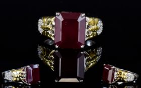 Ruby Octagon Solitaire and Shank Set Natural Zircon Accent Ring, a large,