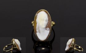 14ct Gold Set Oval Shaped Shell Cameo Ring, Features a Portrait Bust of a Young Woman. Well