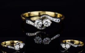 18ct Gold Set Two Stone Diamond Twist Ring - From The 1920's.